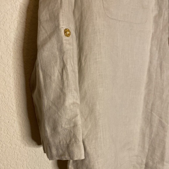 Ellen Tracy linen blouse shirt quarter sleeve oversize baggy tie lagen cottage - Picture 5 of 11
